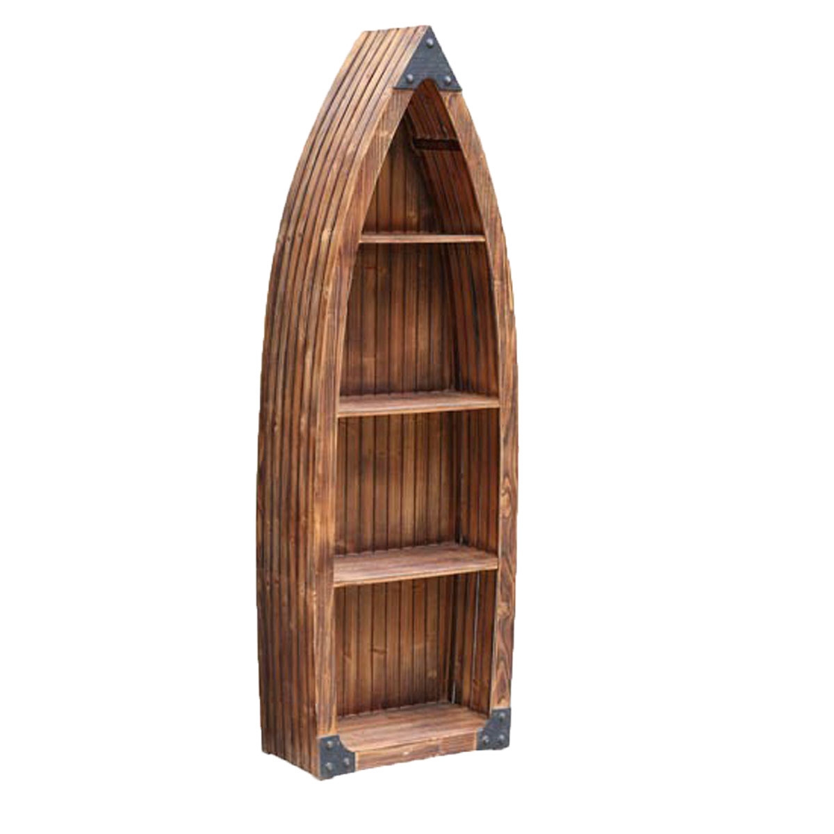 Canoe Bookcase featuring Plank Exterior and Metal Corner Accents