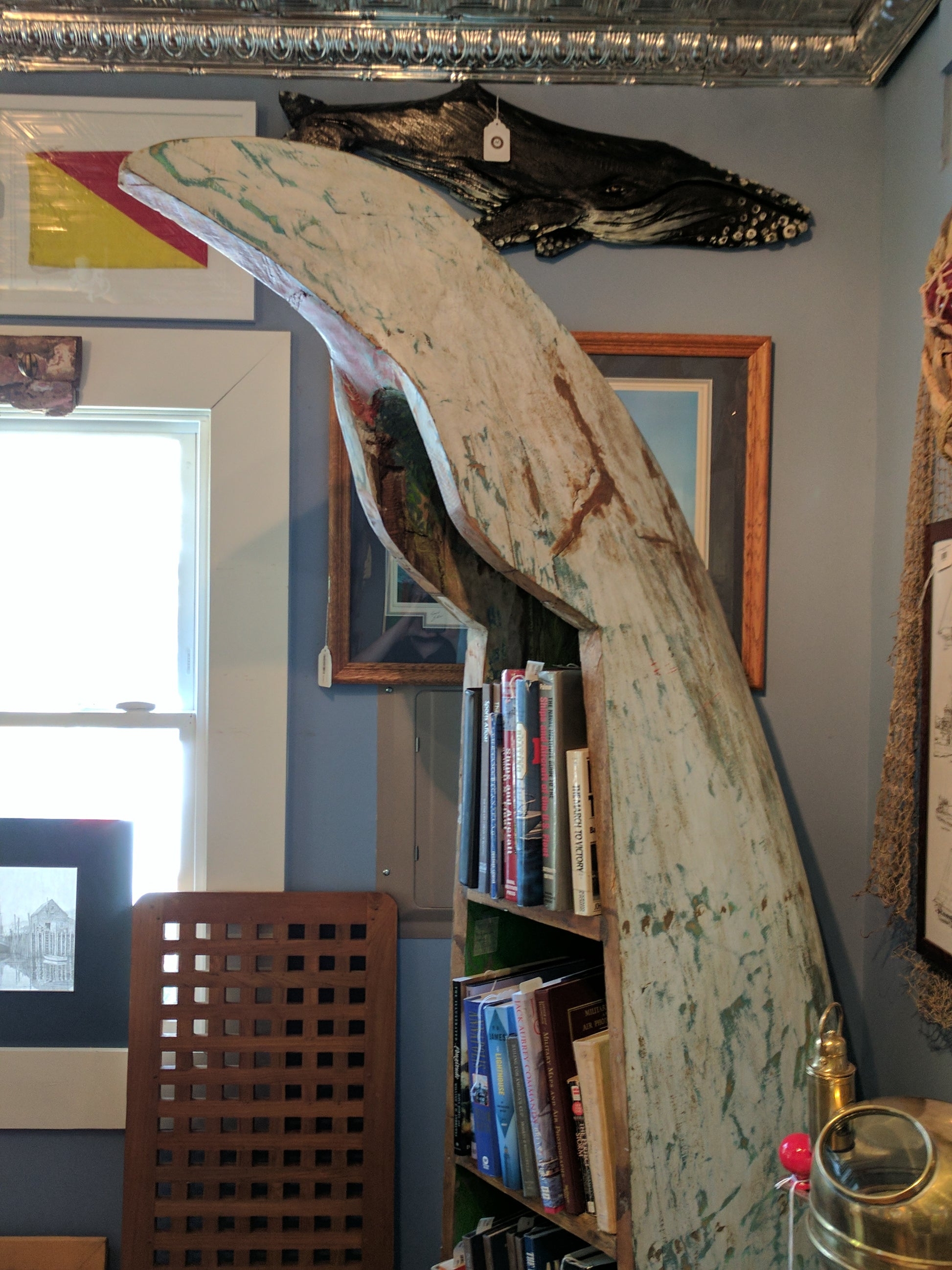 Canoe Bookcase with Weathered White Repurposed Boat Shape