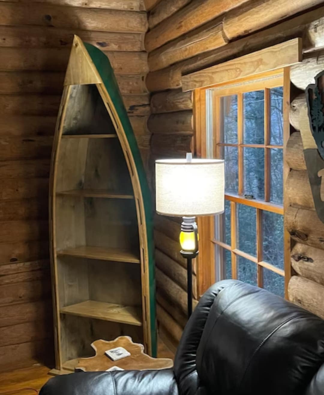 Canoe Bookshelf highlighting Forest Green Exterior and Tapered Top