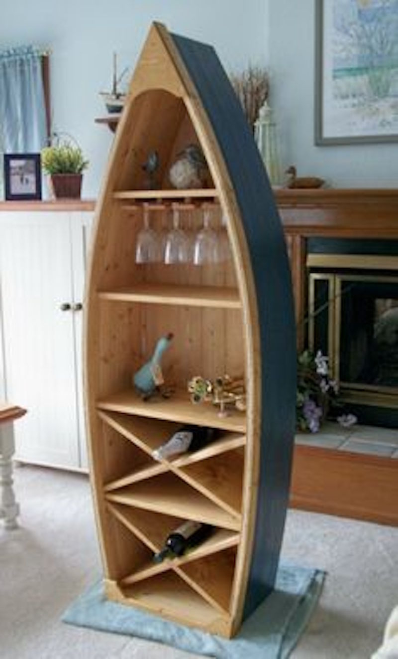 Canoe Bookshelf using Hanging Stemware Rack and Navy Exterior