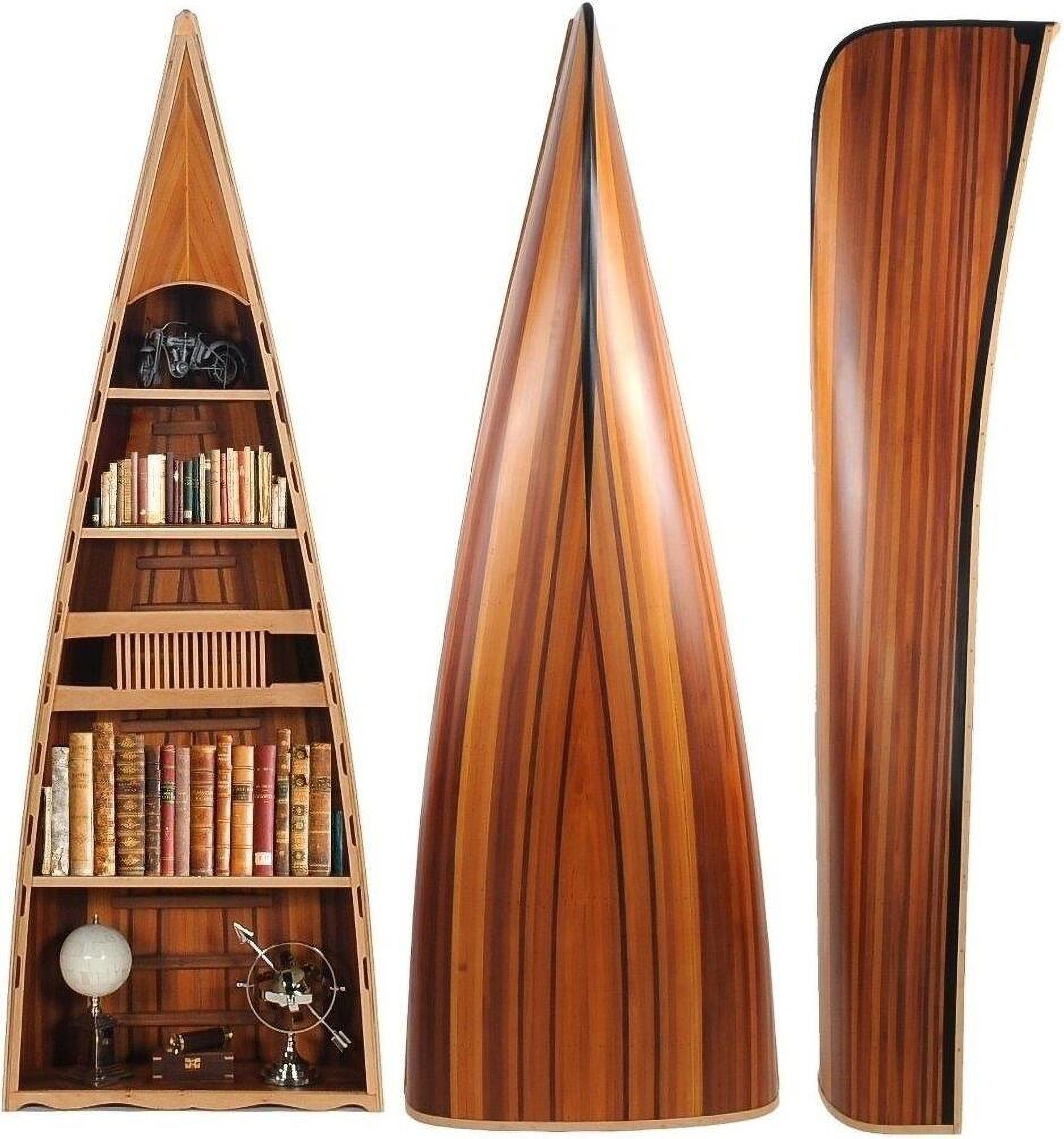 Canoe Bookshelf with Striped Wood Grain and Pointed Top
