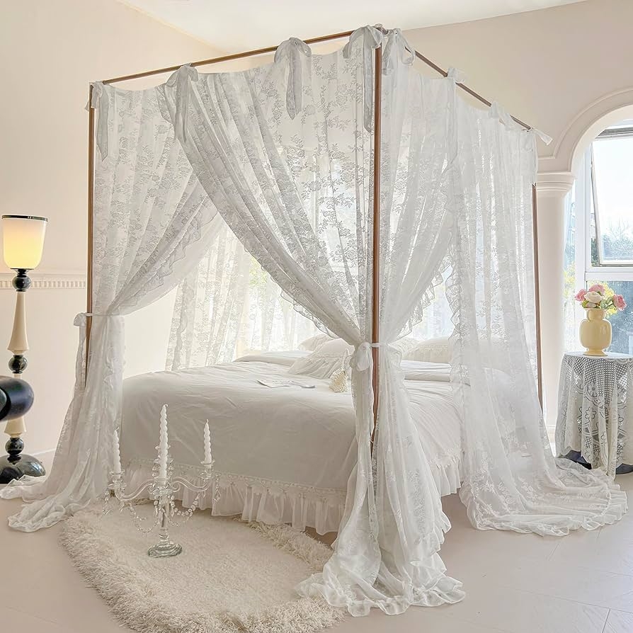 Canopy Bed Curtains Featuring Floral Lace and Hem