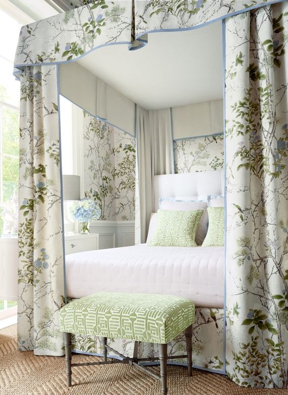 Canopy Bed Curtains with Scalloped Valance and Print