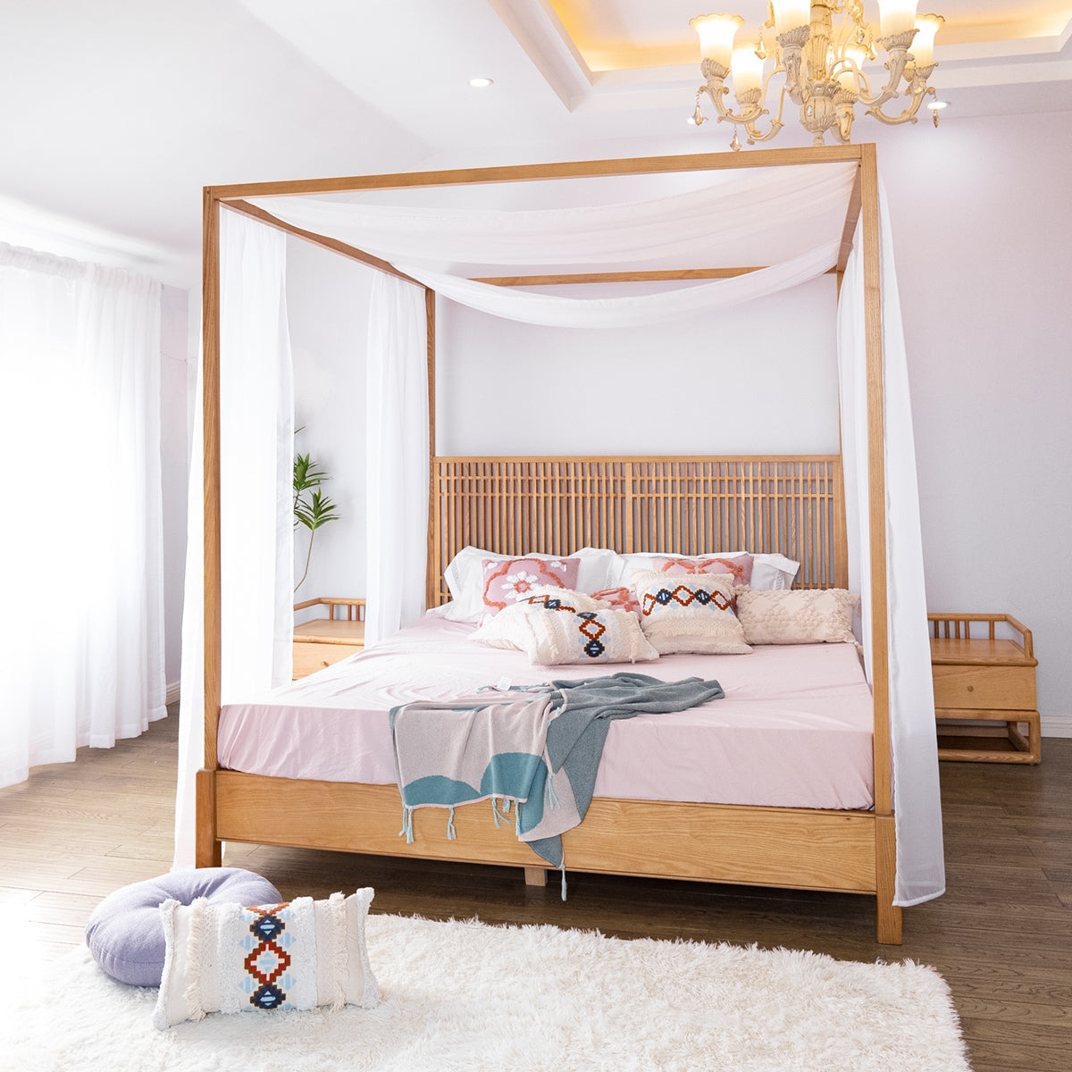 Canopy Bed Scarf with Sheer Drapery and Slatted Wood