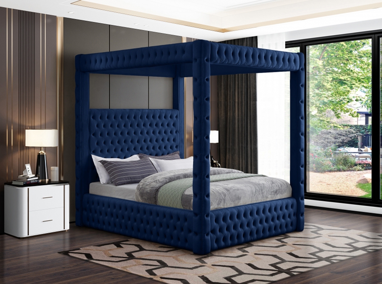 Canopy Bed Tufted Frame and Upholstered Posts in Royal Blue