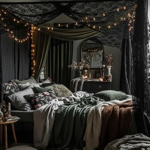 Canopy Bed with Black Lace and Moody Fairy Grunge Bedroom