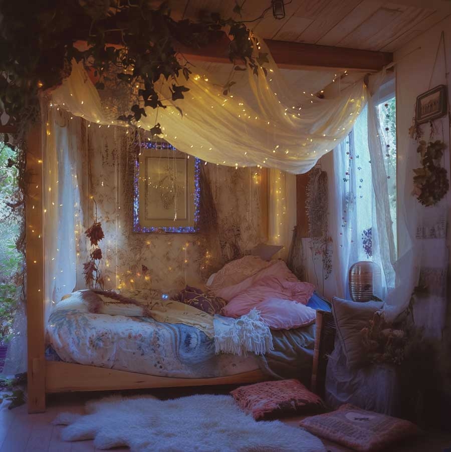 Canopy Bed with Botanical Accents and Aesthetic Canopy Bedroom