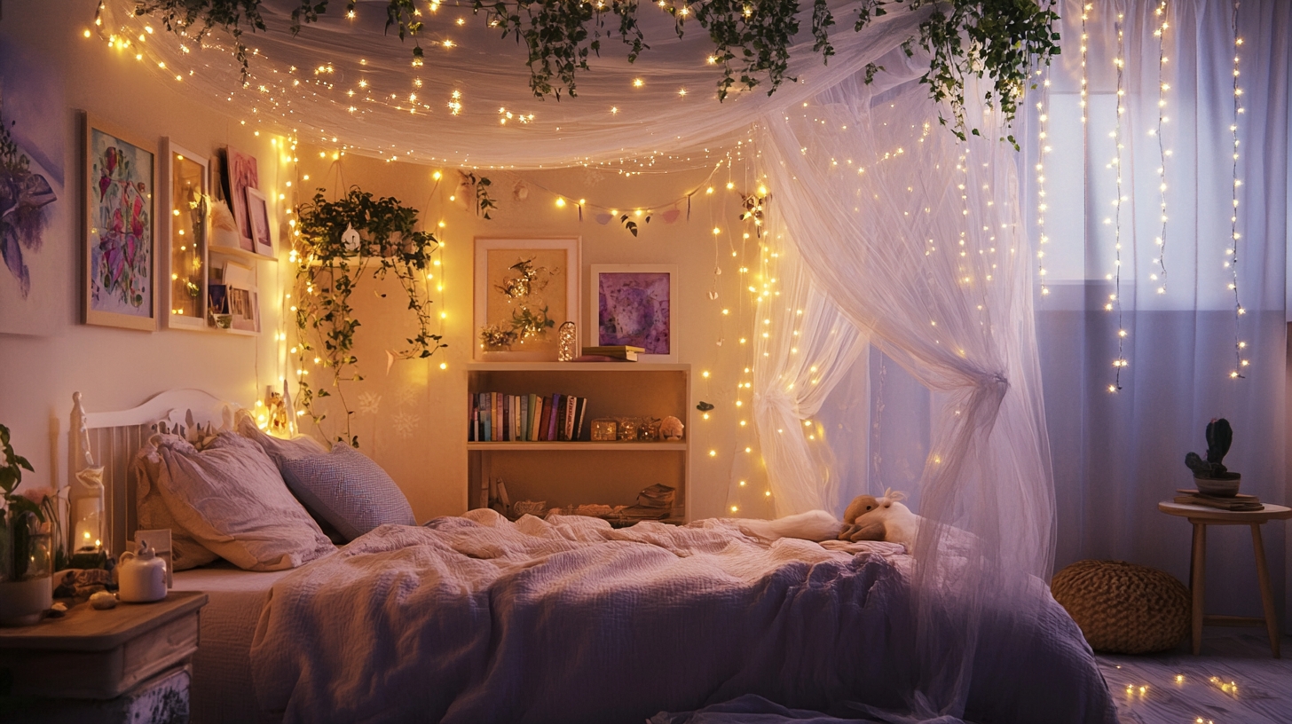 Canopy Bed with Ethereal Atmosphere and Magical Indoor Lighting
