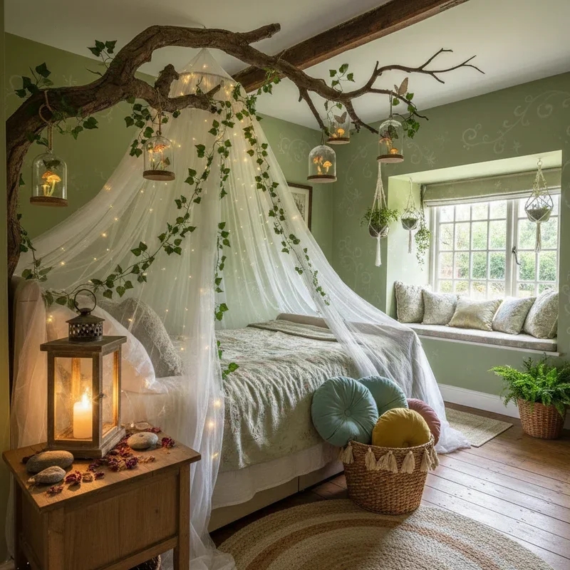 Canopy Bed with Hanging Cloches and Tree Branch Decor Ideas