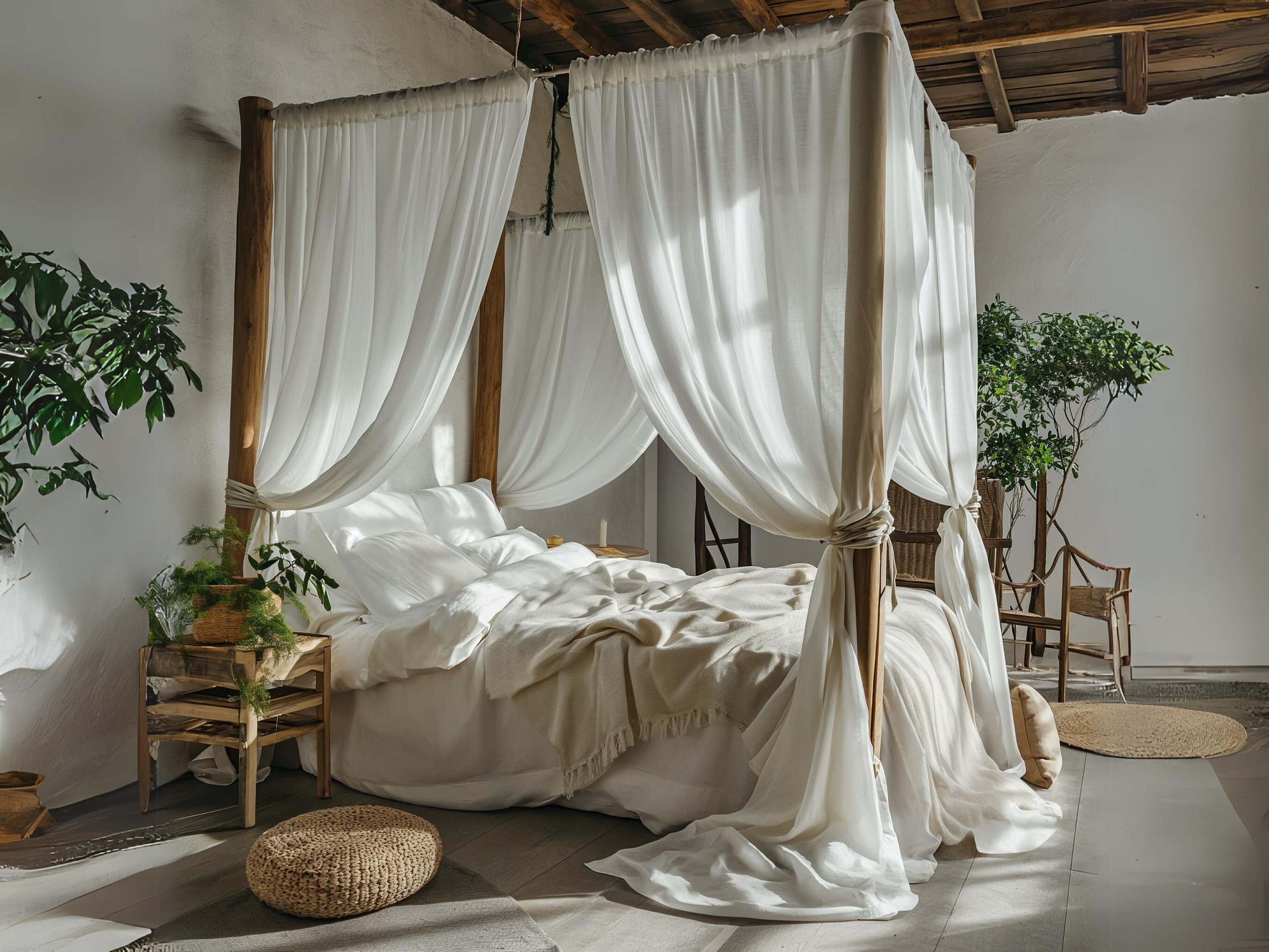 Canopy Bed with Organic Wood Posts and Tie Back Styling