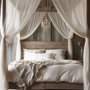 Canopy Bed with Planked Headboard and Gauzy Texture