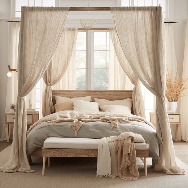 Canopy Bed with Sheer Linen Panels and Tie Back Styling