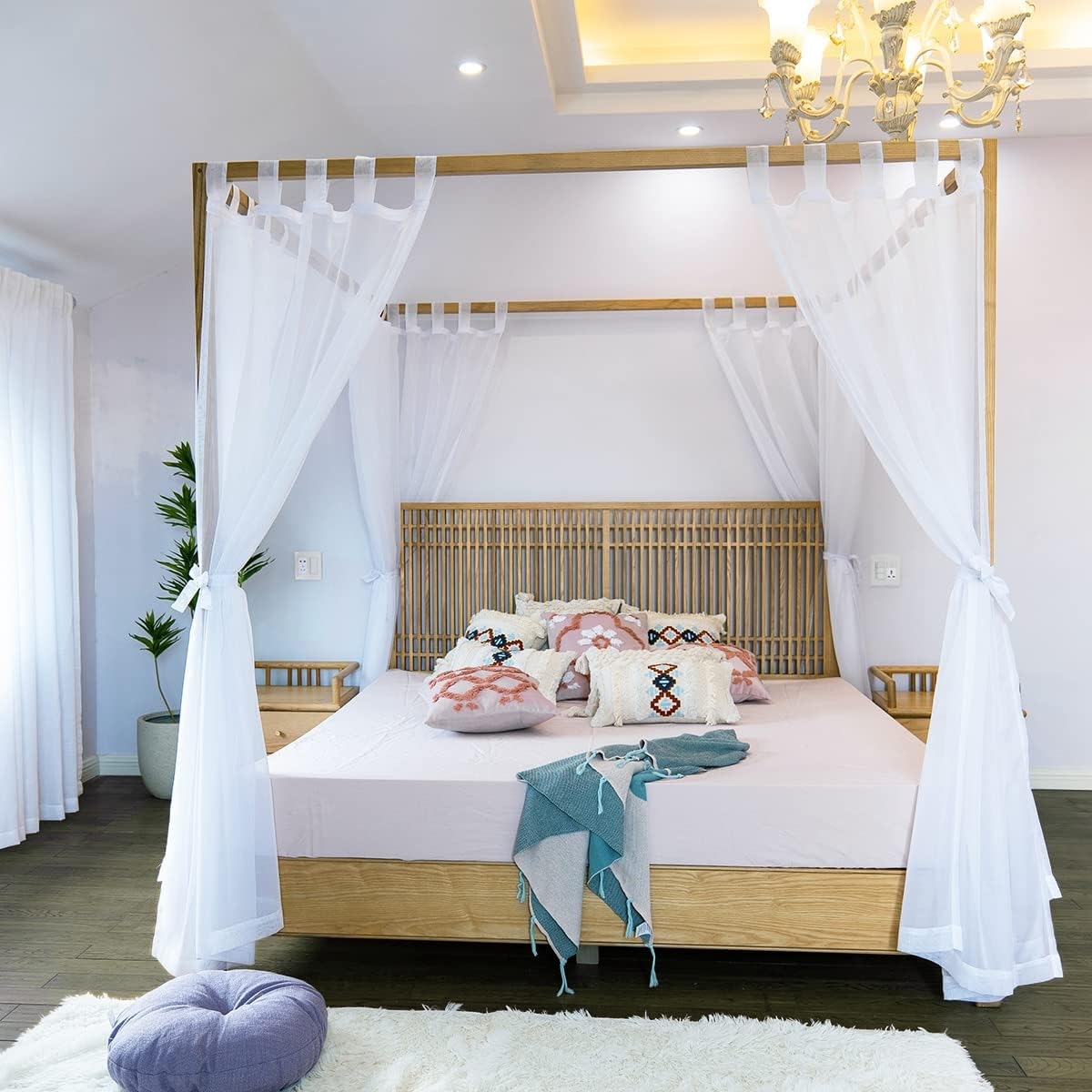 Canopy Bed with Slat Headboard and Boho Sheer Drapes