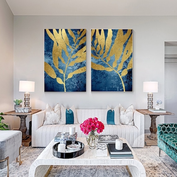 Canvas Art with Navy Diptych and Organic Abstract Botanical Motif
