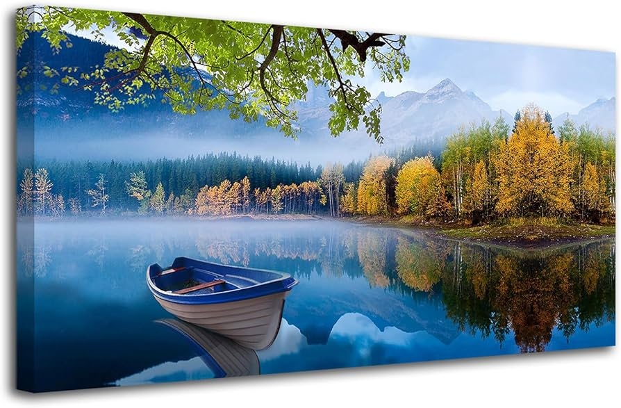 Canvas Wall Art Blue Rowboat Autumn Reflections Decor