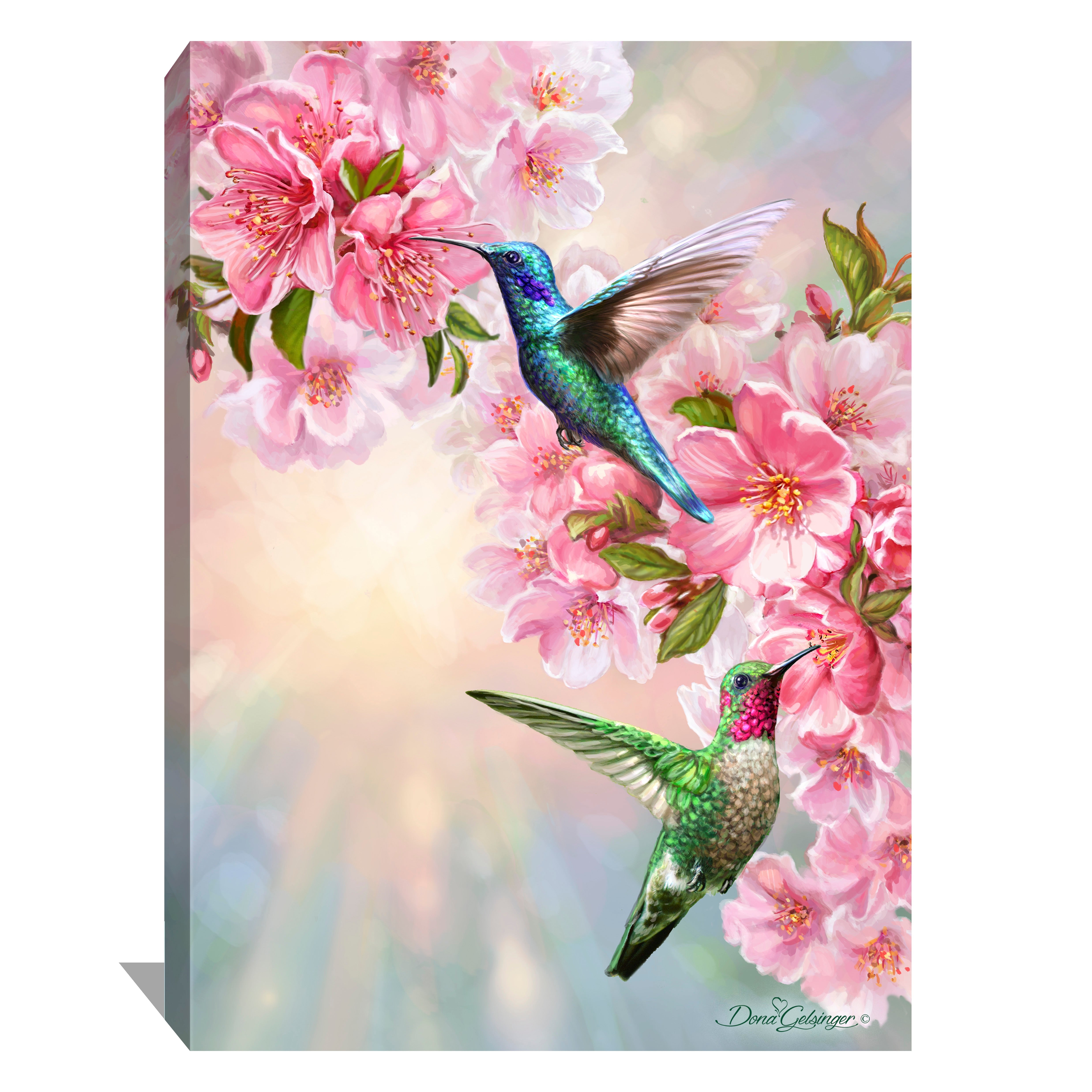 Canvas Wall Art: Gallery Wrapped Iridescent Bird Pink Cherry Blossom