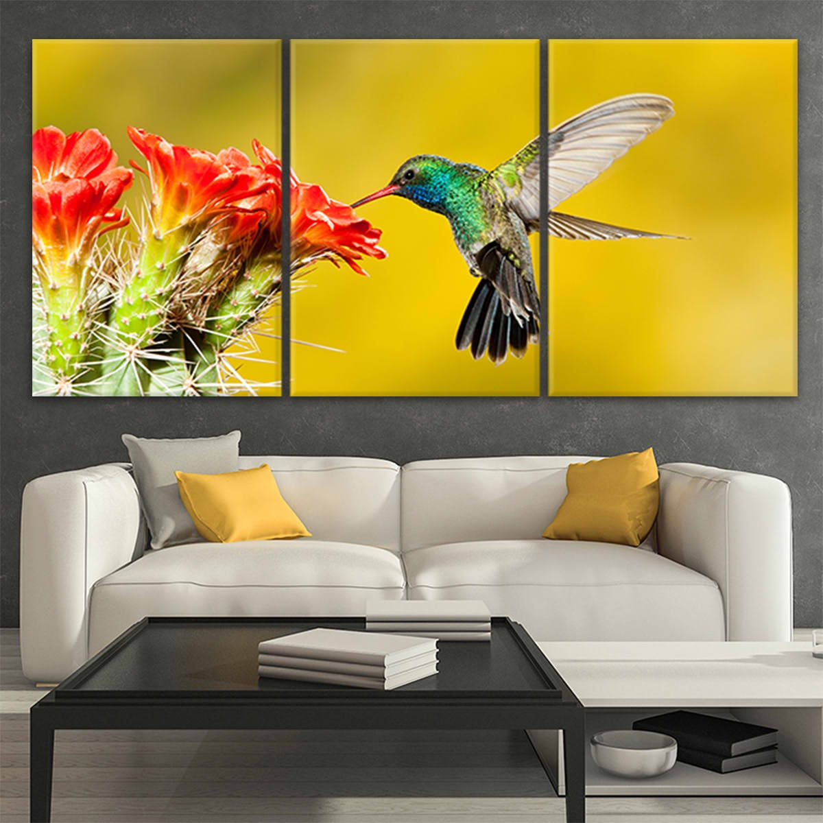 Canvas Wall Art: Three Panel Design Vibrant Yellow Living Room Art