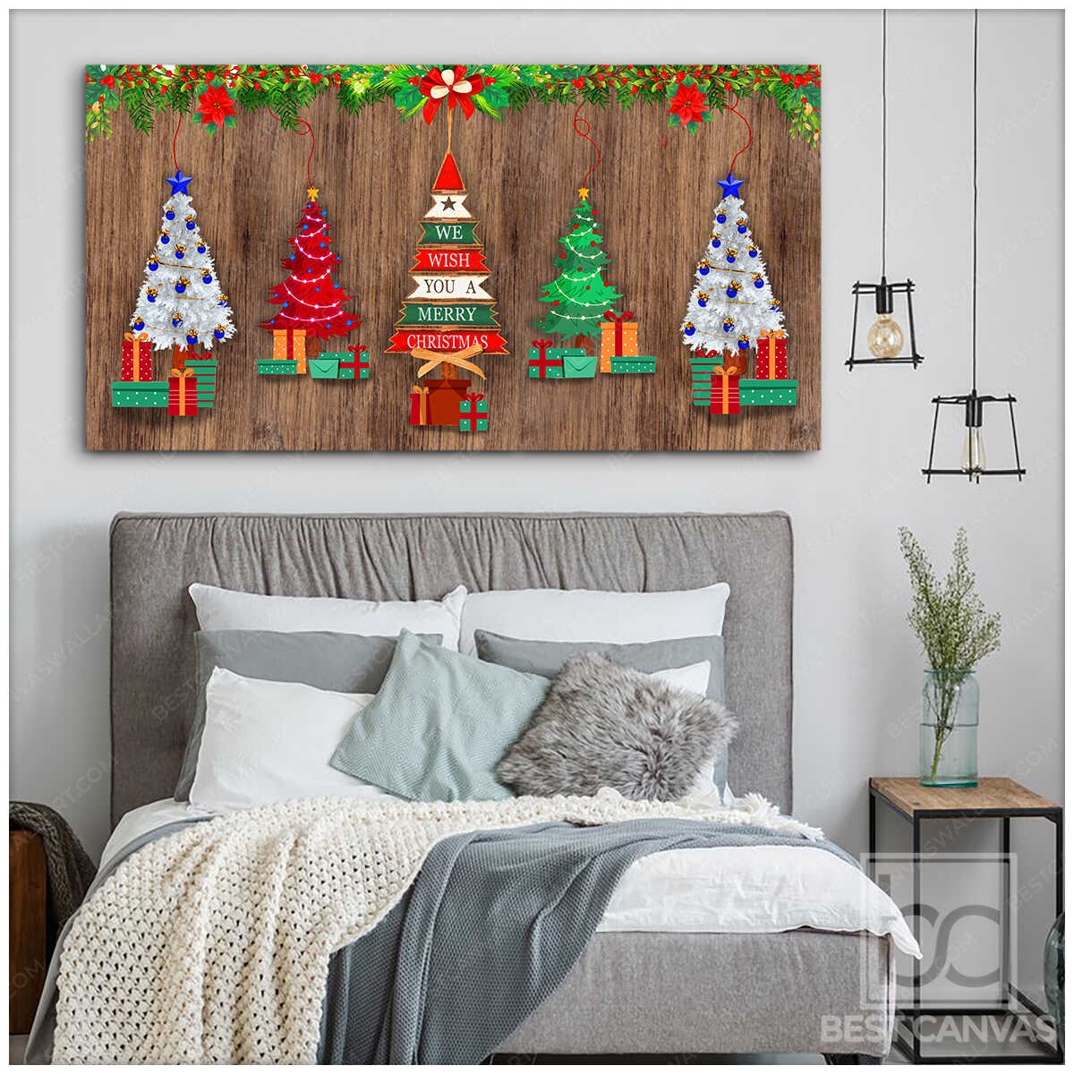 Canvas Wall Art Wood Background Print Christmas Tree Wall Decor