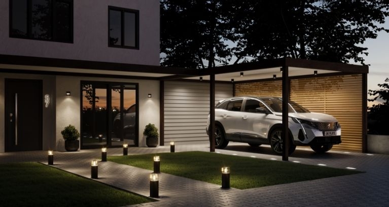 Carport Lighting with Bollard Path Lights and Layered Design