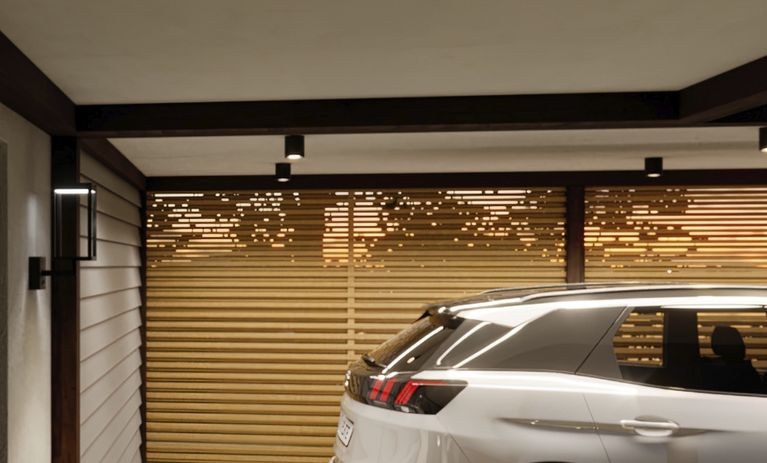 Carport Lighting with Geometric Frame and Slatted Wall Style