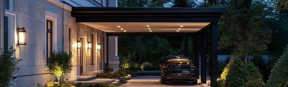 Carport with Recessed Ceiling Lights and Stone Facade Detail