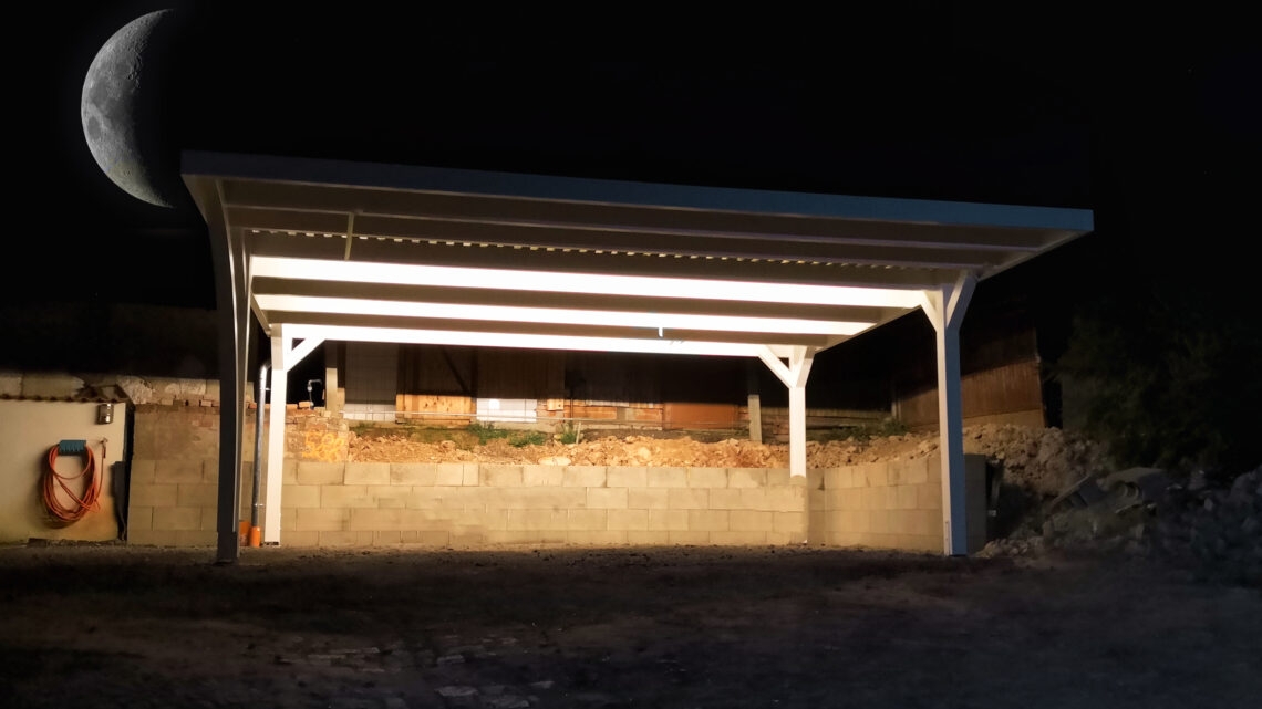 Carport with Slatted Ceiling and Integrated LED Strip Lights