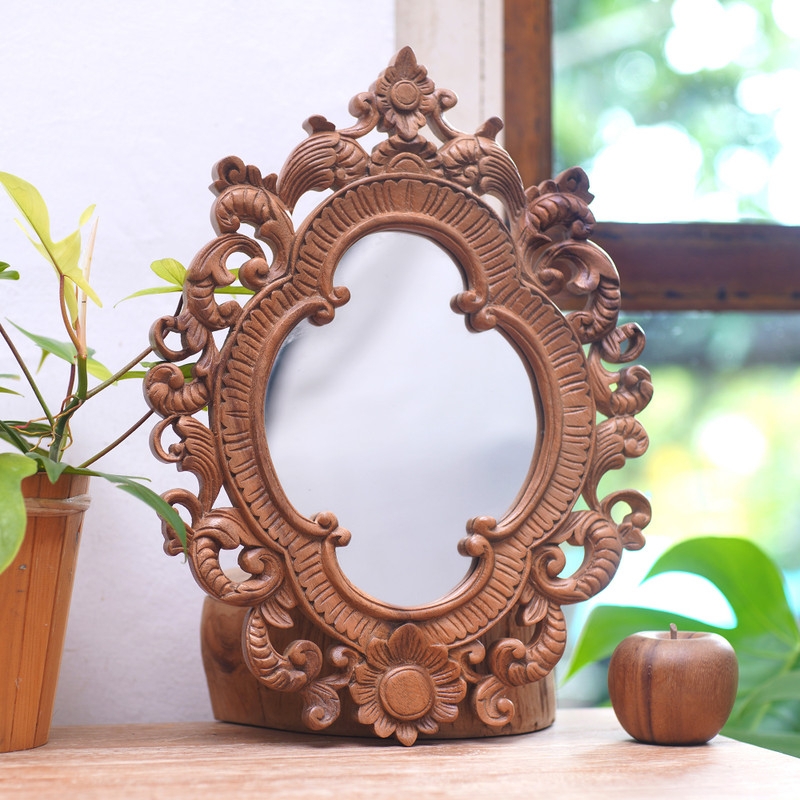 Carved Mirror Hand Crafted Scrolls Balinese Artisan Mirror