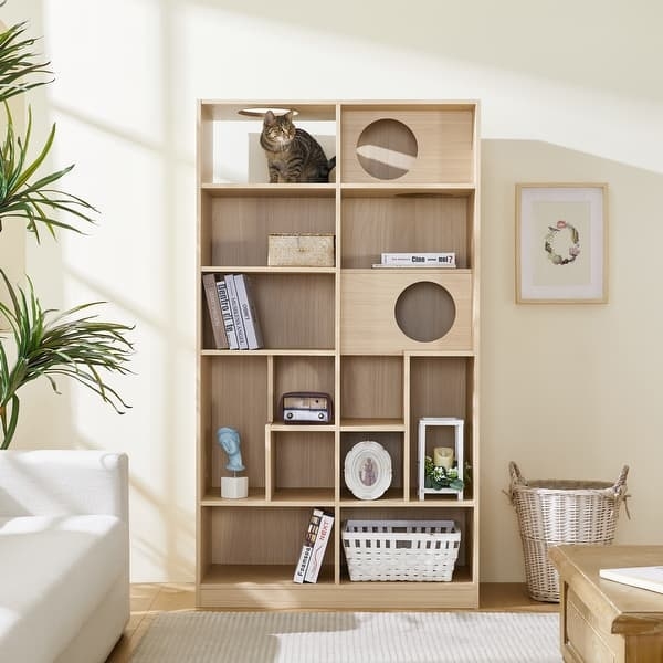 Cat Bookcase with Circular Cat Passages in Light Oak