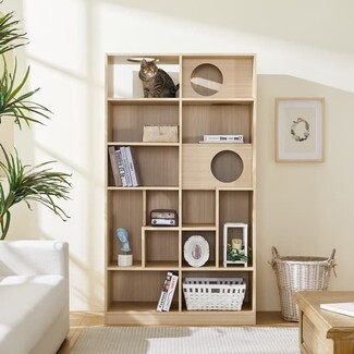 Cat Bookcase with Circular Cat Passages in Light Oak