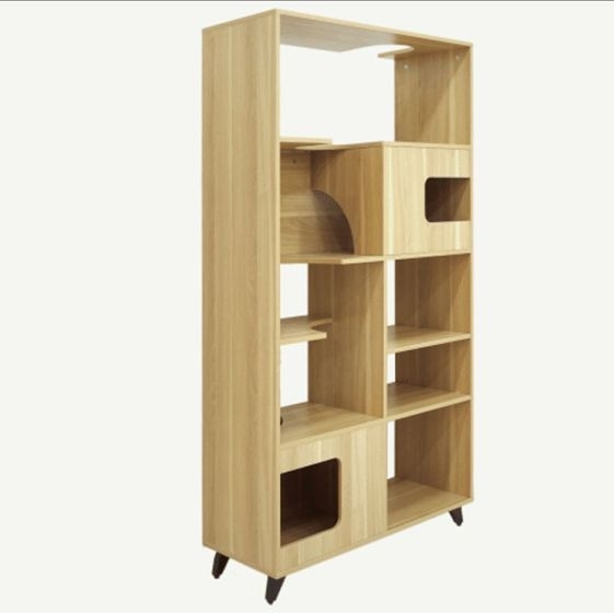 Cat Bookshelf: Wood-Toned Climbing Tiers and Storage