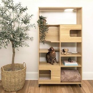 Cat Tree Bookshelf: Walnut Pet Condo Tower with Nooks