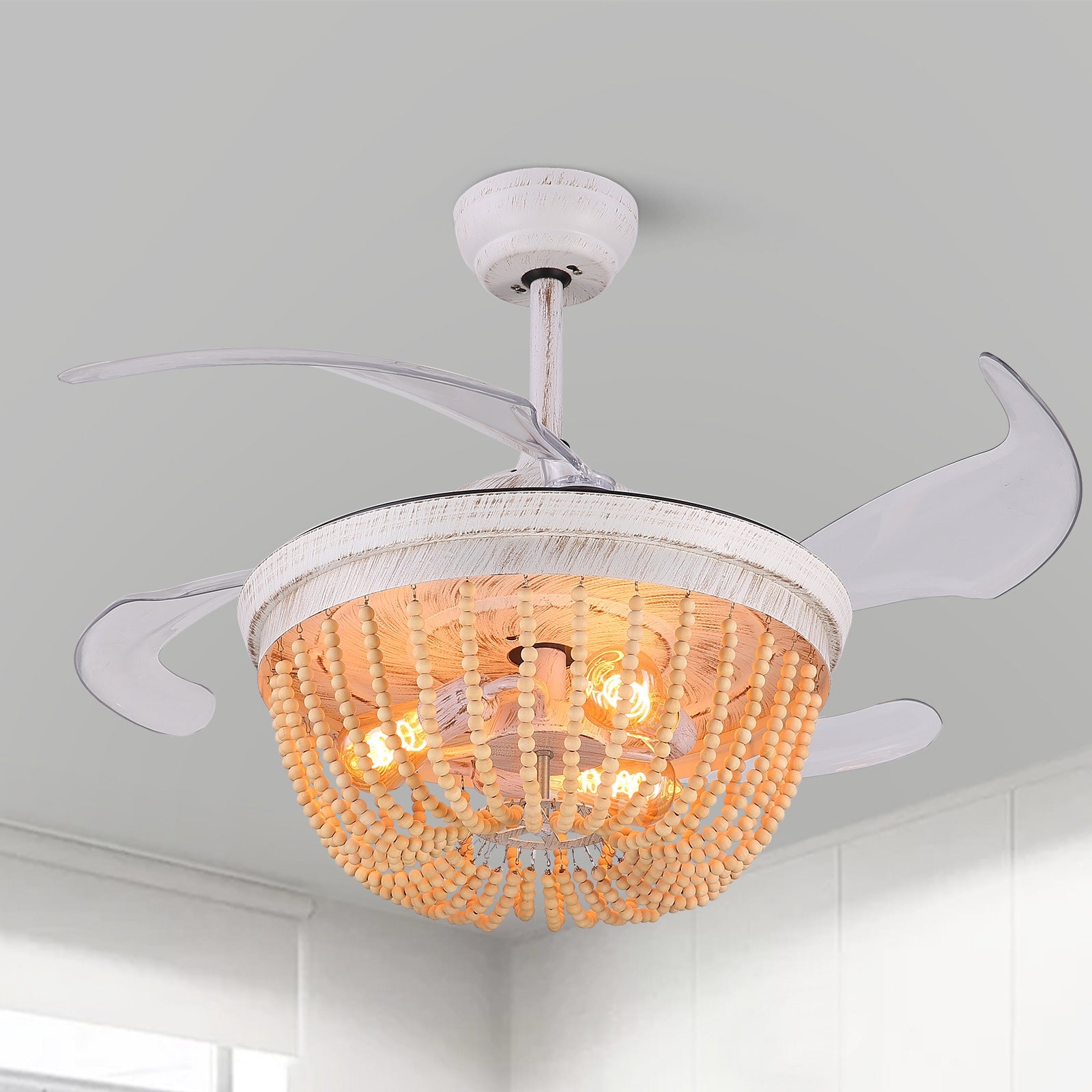 Ceiling Fan Light with Retractable Blades and Wood Bead Shade