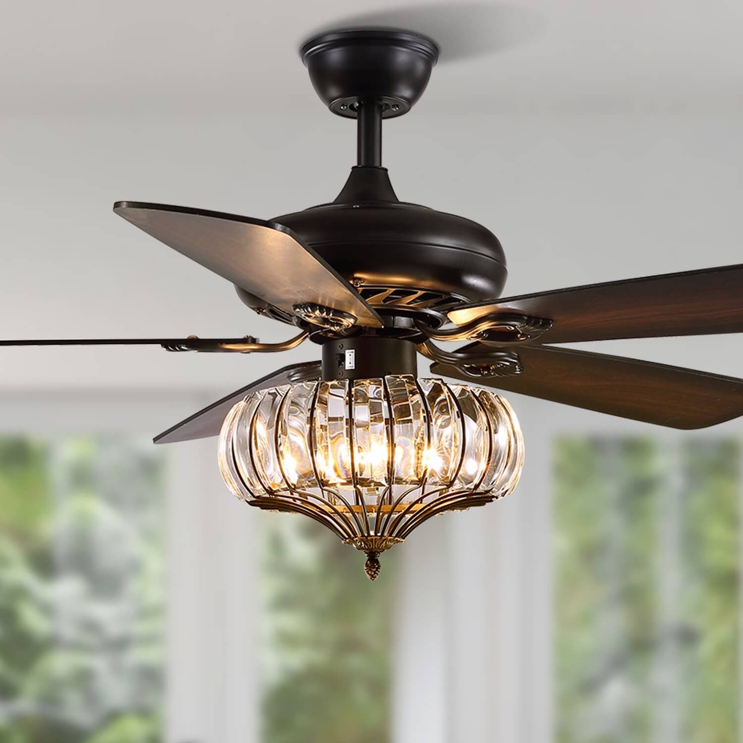 Ceiling Fan Matte Black Ribbed Crystal Globe Industrial Fan