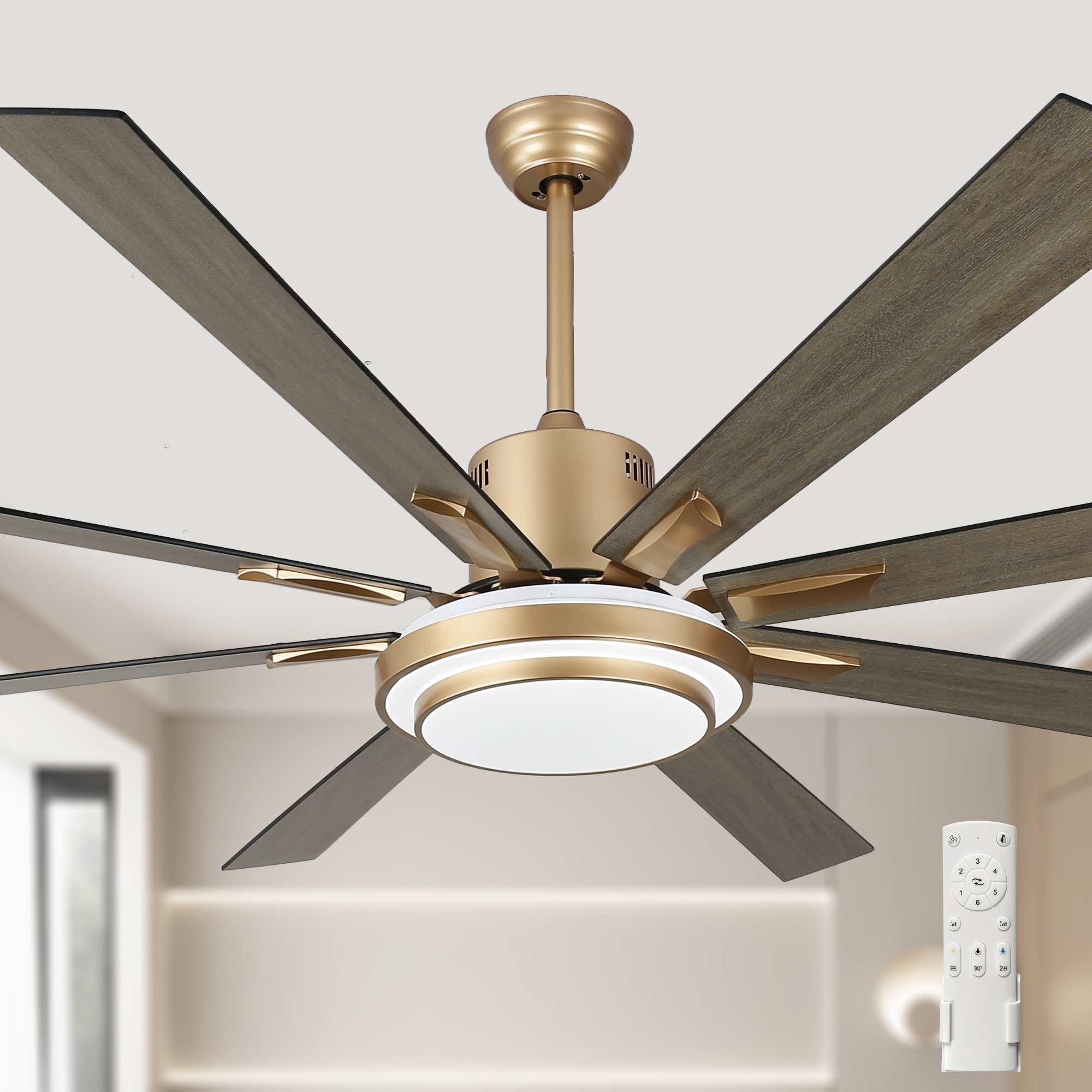 Ceiling Fan with Eight Blades and Brushed Gold LED Ring Light