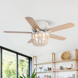 Ceiling Fan with Wood Beaded Chandelier and Light Oak Blades