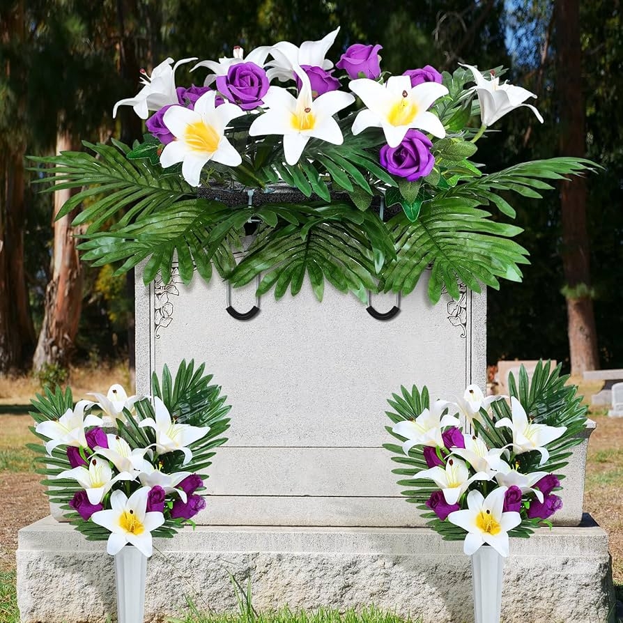 Cemetery Flower Set Purple Rose Cemetery Set with Headstone Saddle