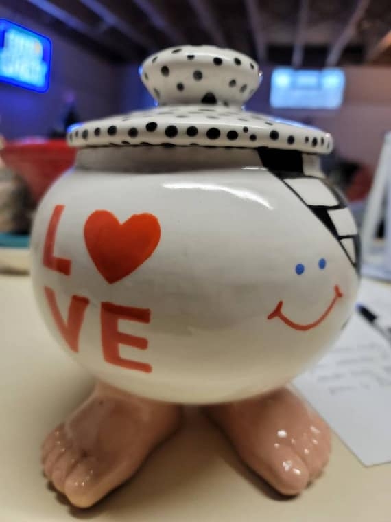 Ceramic Jar Human Feet Base Polka Dot Lidded Pottery