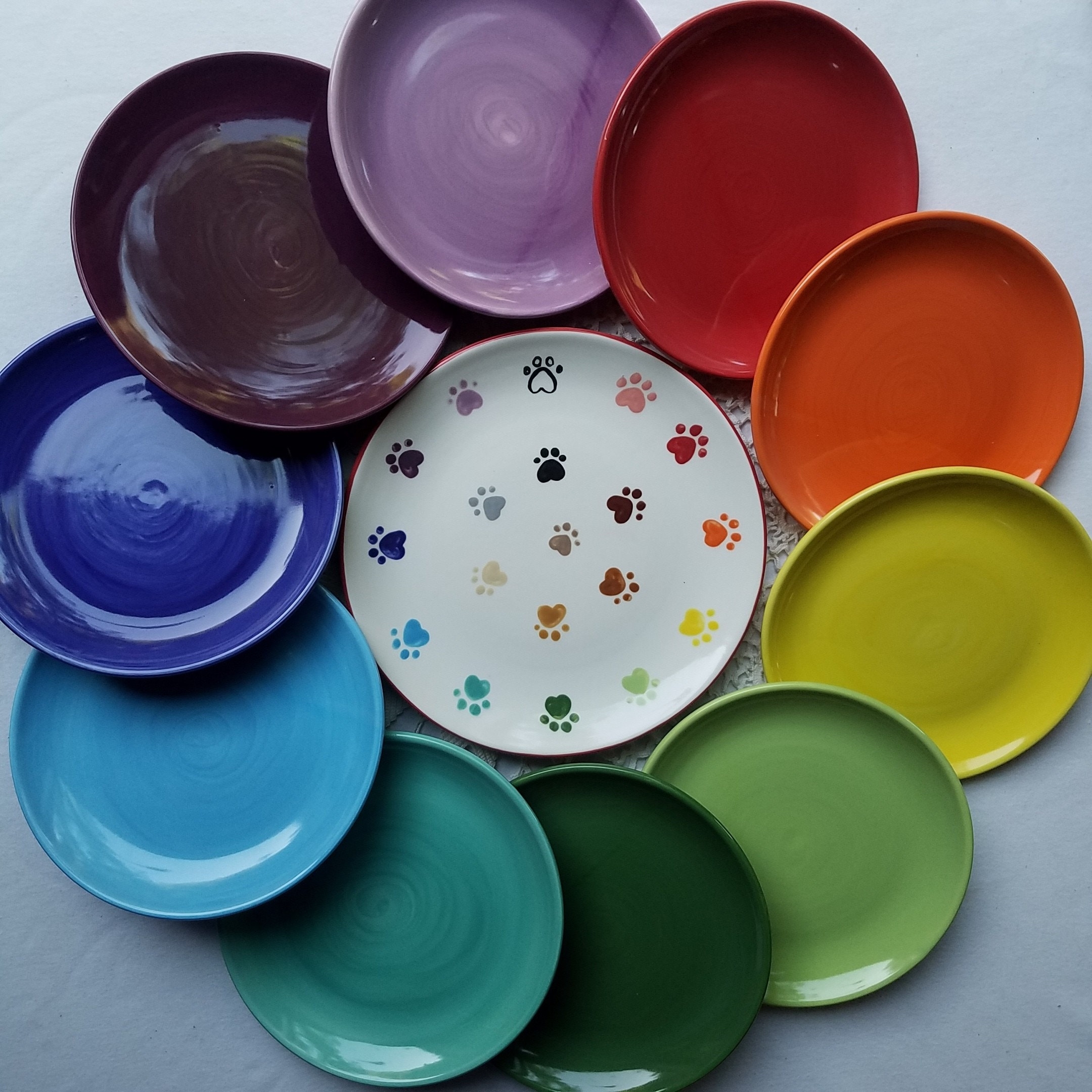 Ceramic Plates Paw Print Motif Rainbow Glaze - Eclectic Kitchen Decor
