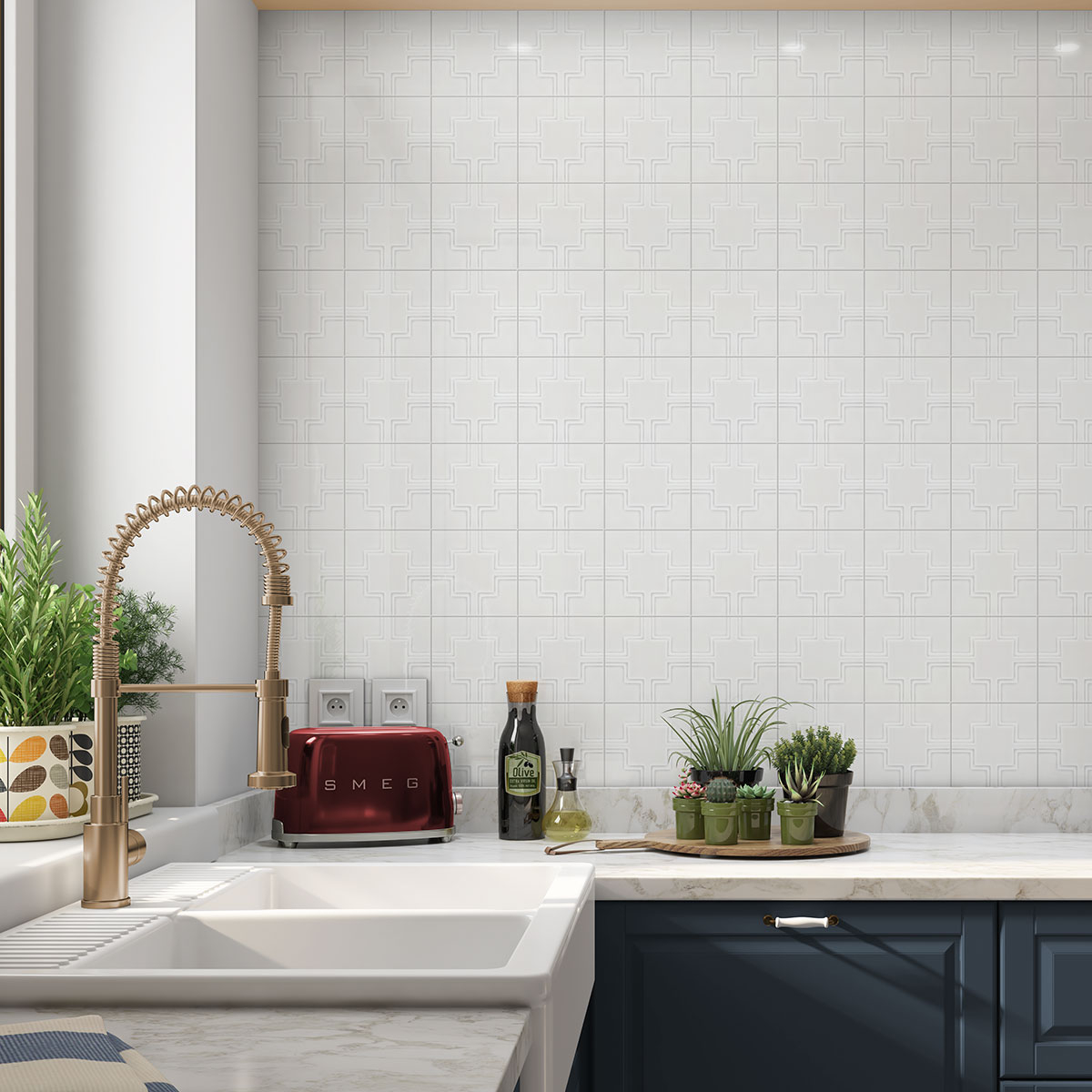 Ceramic Tile Interlocking Link Motif with Glossy White Glaze