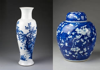 Ceramic Vase Set with Botanical Art and Domed Lids