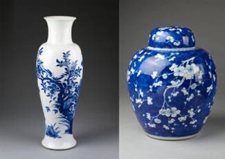 Ceramic Vase Set with Botanical Art and Domed Lids