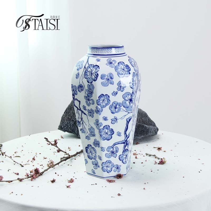 Ceramic Vase with Hexagonal Faceted Body and Plum Motif
