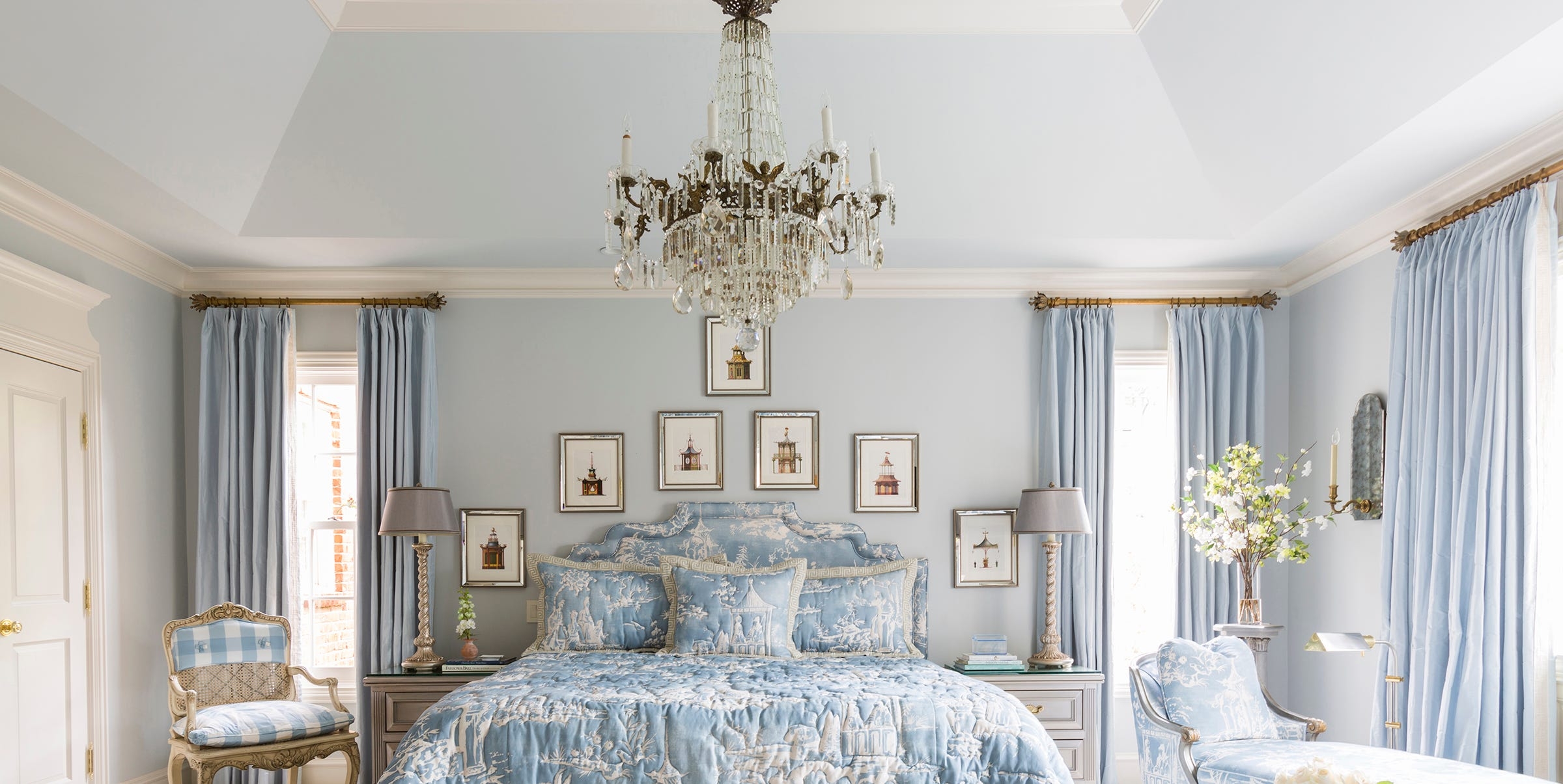 Chandelier Crystal Drapery Blue Toile Bedding Design