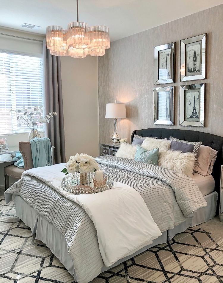 Chandelier Tiered Glass Teal And Grey Bedroom Inspiration