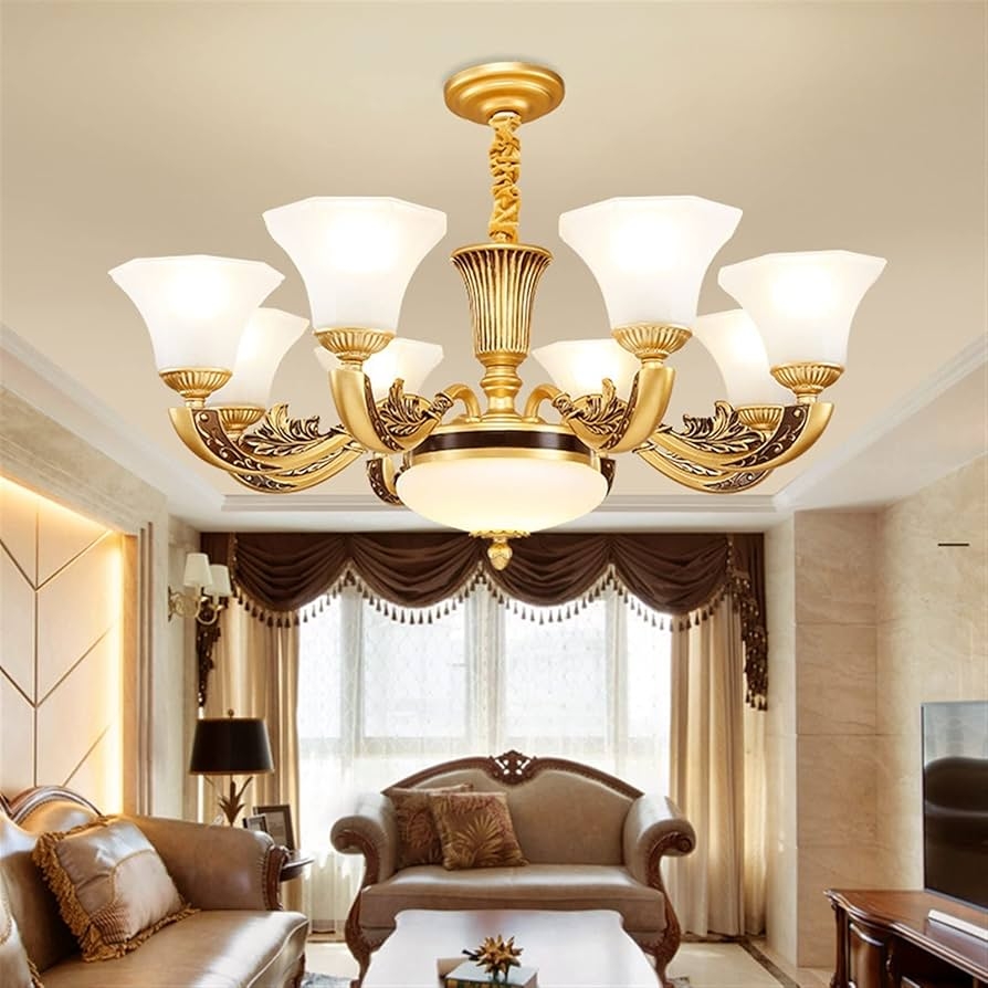 Chandelier with Gold Scrollwork and Tulip Shades: Traditional Tiered Lighting