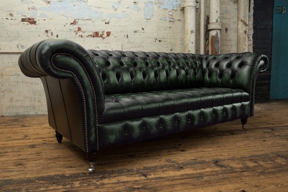 Chesterfield Sofa Antique Green Leather Casters