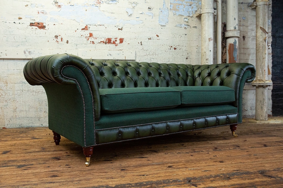 Chesterfield Sofa Antique Green Leather Wool Mix