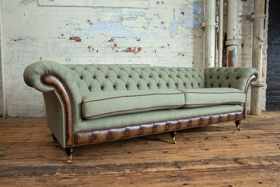 Chesterfield Sofa Olive Wool Dual Material Trim