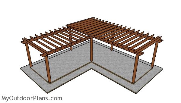Chestnut Pergola L-Shaped Wood and Overhanging Rafters