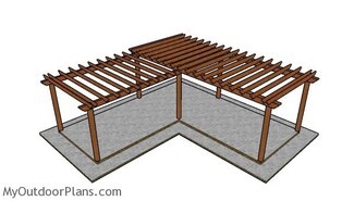 Chestnut Pergola L-Shaped Wood and Overhanging Rafters